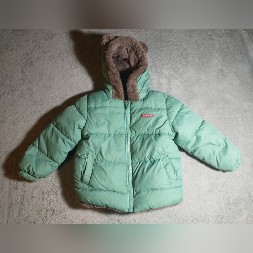 MTXXTZ Green/Brown Toddler Puffer Coat w/ Bear Ears - 3T